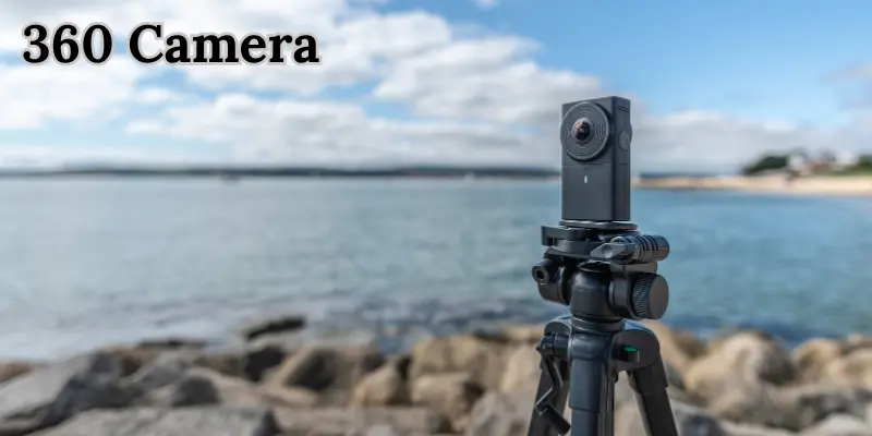 360-Degree Camera Mounted On A Tripod, Capturing Panoramic Shots By The Beach.