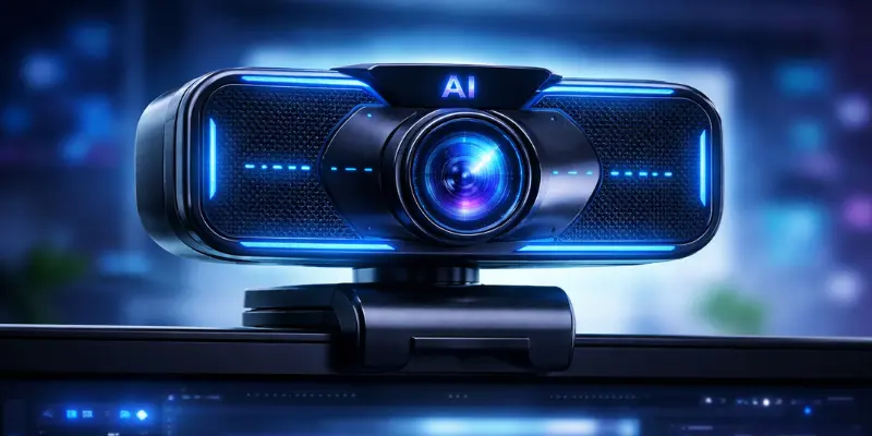Ai-Powered Webcam With Sleek Design And Glowing Blue Lights, Showing Advanced Video And Streaming Features For Content Creators.