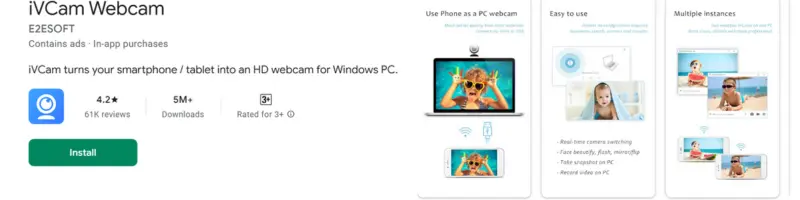 Google Play Store Screenshot Of Ivcam Webcam App, Showing App Rating, 5M+ Downloads, And Features For Using A Smartphone As An Hd Webcam For Windows Pc.