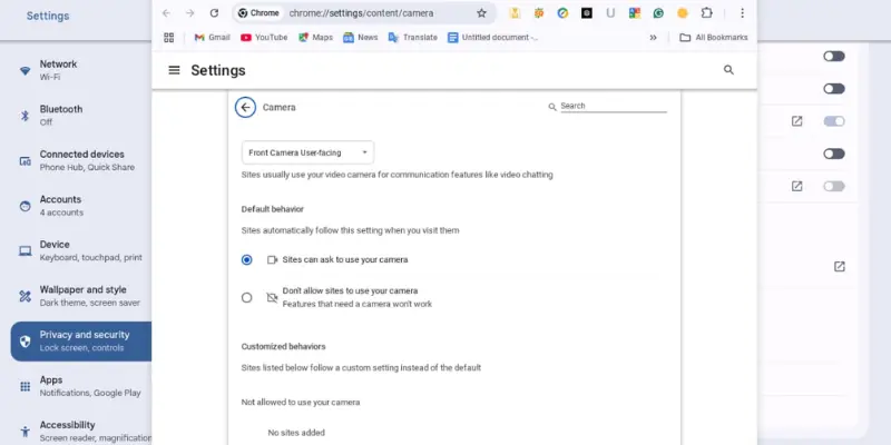 Chromebook Settings Interface Showing The &Quot;Camera&Quot; Menu Under &Quot;Privacy And Security,&Quot; With Options To Allow Or Block Sites From Using The Camera.