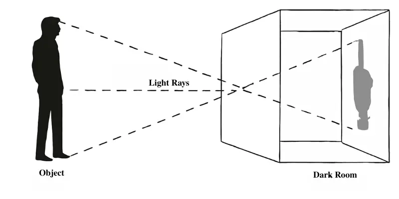 Diagram Showing The Concept Of Camera Obscura With A Person And Light Rays Projecting An Inverted Image Inside A Dark Room.
