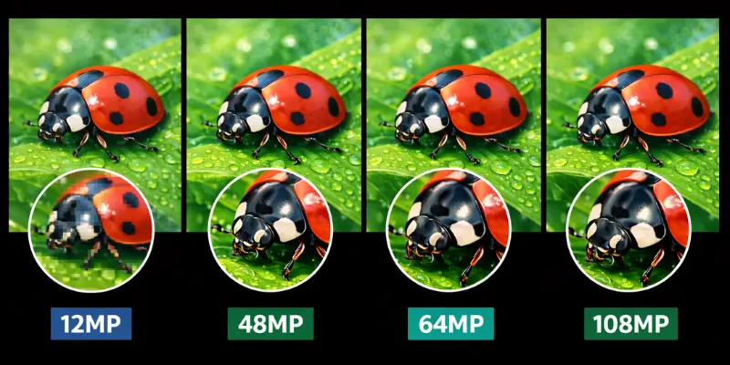 Image Showing A Comparison Of 12Mp, 48Mp, 64Mp, And 108Mp Camera Resolutions Using A Close-Up Photo Of A Ladybug To Demonstrate Image Clarity.