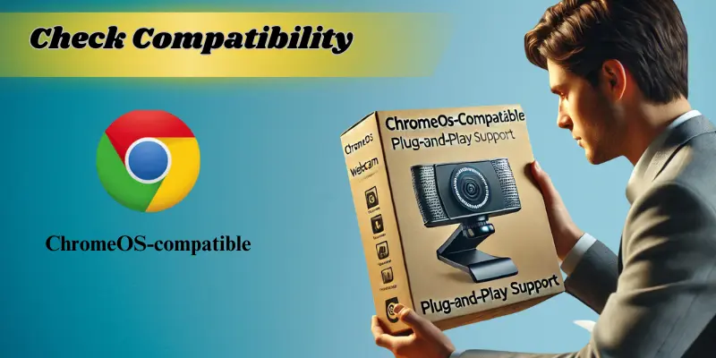 A Person Holding A Box Of An External Webcam Labeled &Quot;Chromeos-Compatible Plug-And-Play Support,&Quot; With A Chrome Logo Next To The Text &Quot;Check Compatibility.&Quot; The Image Highlights The Importance Of Ensuring Chromeos Compatibility When Choosing A Webcam.