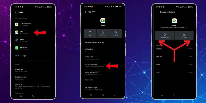 Steps To Clear Cache In Google Meet App Showing Storage And Cache Options With Arrows Pointing To Clear Storage Buttons.
