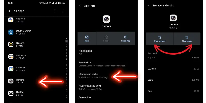 Three Android Phone Screens Showing How To Clear Camera Storage And Cache To Fix Issues Like Freezing, Lagging, Or Not Opening.