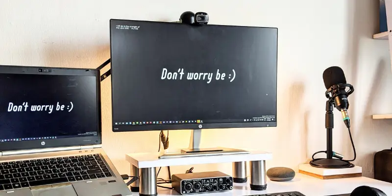 &Quot;Dual Monitor Setup With Webcam, Microphone, And Audio Interface On Desk.