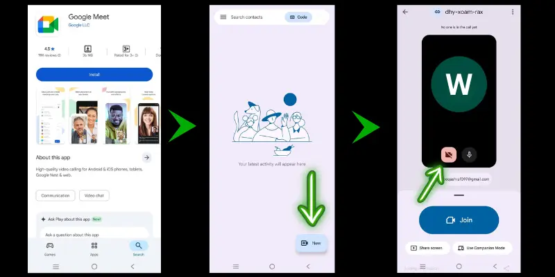 Step-By-Step Process Showing The Google Meet App From Installation To Joining A Meeting With The 'Join' Button.