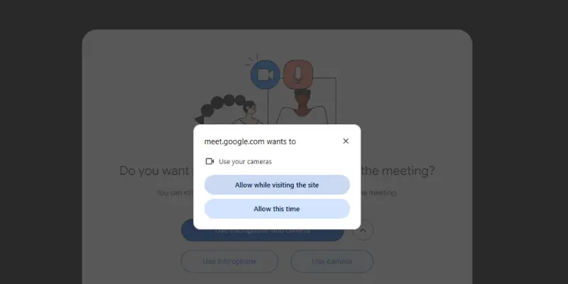 Google Meet Permission Prompt Asking To Allow Camera Access With Options To Allow While Visiting The Site Or Just For The Current Session.