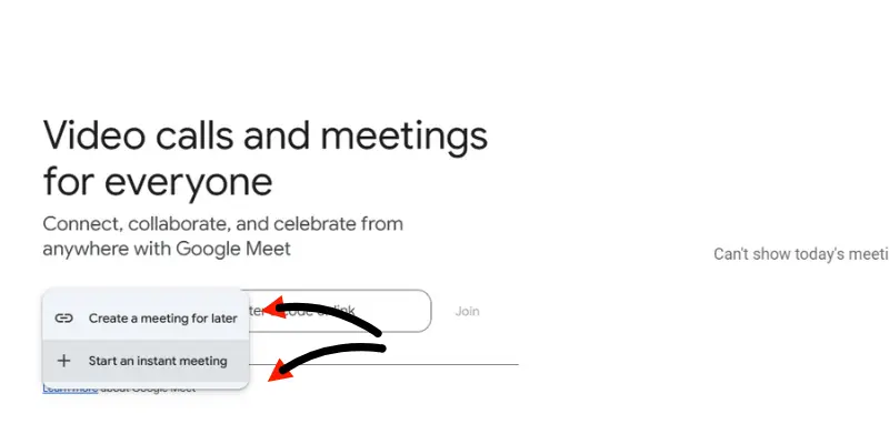 Google Meet Interface Showing Options To 'Create A Meeting For Later' Or 'Start An Instant Meeting' To Begin A Video Call