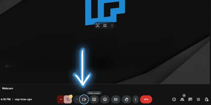 Google Meet Interface Showing The Camera Toggle Button And Other Controls, With The 'Webcam' Label And A Highlighted Camera Icon.