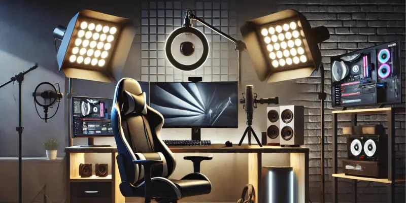 Professional Streaming Setup With Lights, Microphone, Dual Monitors, Gaming Chair, And Custom Pc.