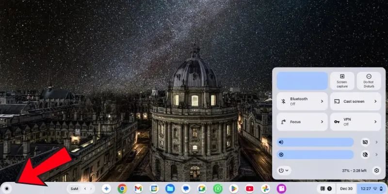 A Chromebook Desktop Interface With A Highlighted Launcher Button (Red Arrow) In The Bottom-Left Corner, Showcasing The Process Of Accessing Settings Or Apps.