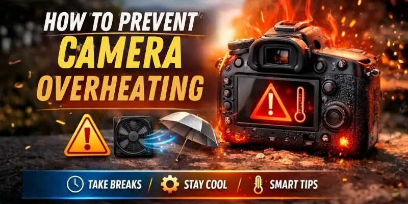 How To Prevent Camera Overheating Image Showing A Hot Camera With Warning Icons, Cooling Fan, Umbrella, And Safety Tips.