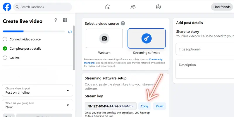 Facebook Live Video Creation Page Showing Stream Key Setup, With Options To Select Video Source, And Copy Stream Key For Streaming Software.