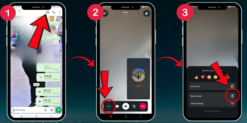 Step-By-Step Guide Showing How To Share Your Screen On Whatsapp Video Call, From Opening Chat To Tapping The Share Screen Option.