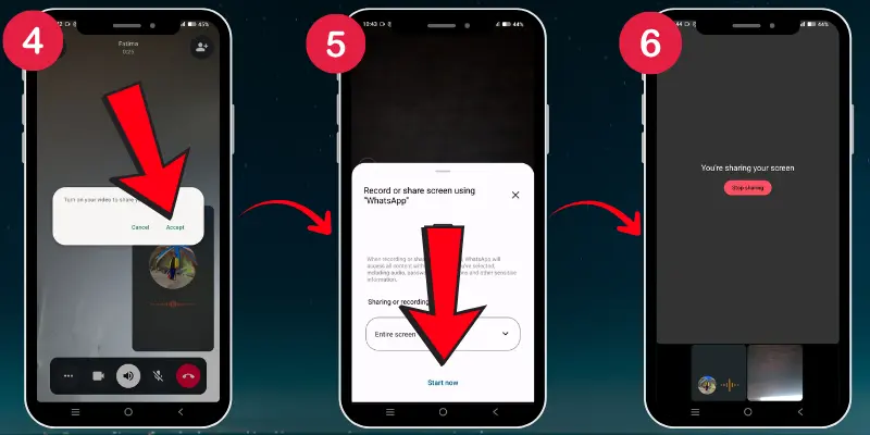 Steps Showing How To Confirm And Start Screen Sharing On Whatsapp Video Call, With Highlighted Accept And Start Now Buttons On Smartphone.