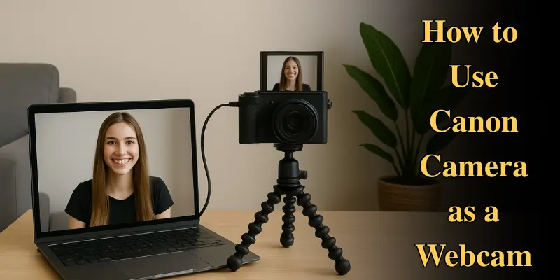 Canon Camera On Tripod Connected To Laptop Showing Video Call Setup.