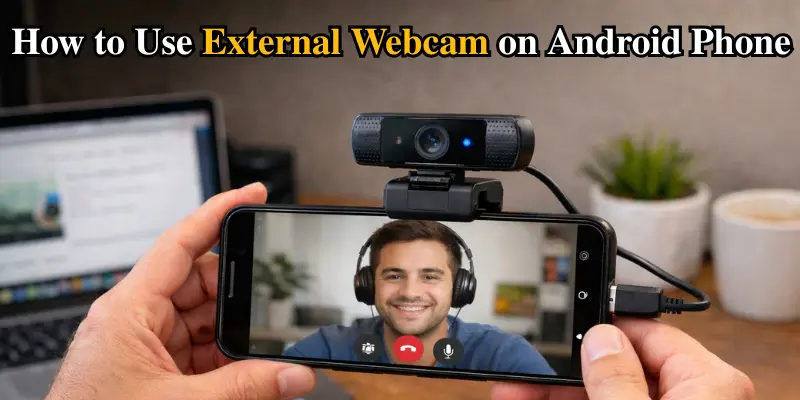 This Image Shows An Android Phone Connected To An External Usb Webcam Using An Otg Adapter. It Highlights A Practical Setup For Improving Video Calls, Streaming, And Recording Quality.
