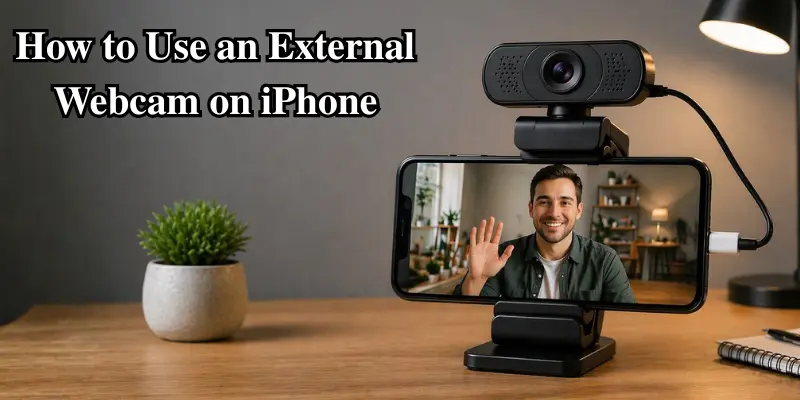 A Smartphone With An External Webcam Attached, Displaying A Video Call With A Smiling Man, With The Text 'How To Use An External Webcam On Iphone' Above.