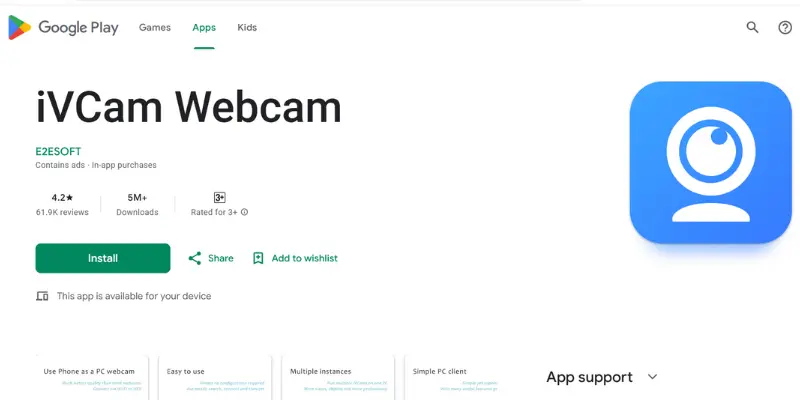 Ivcam Webcam App For Android With 5M+ Downloads And Great User Reviews