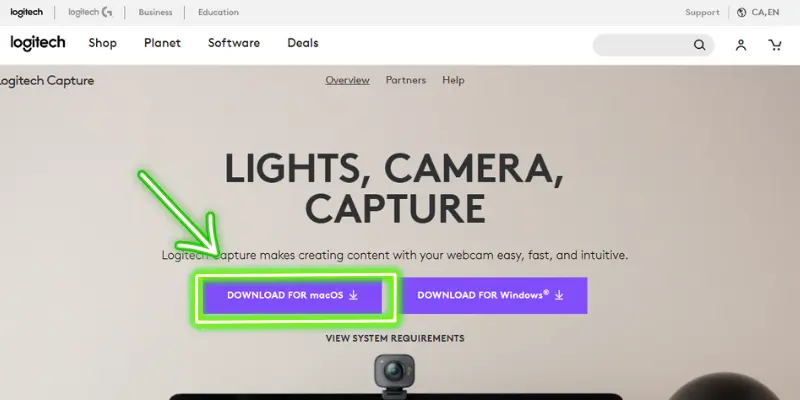 Logitech Capture Download Page With Option For Macos Highlighted.