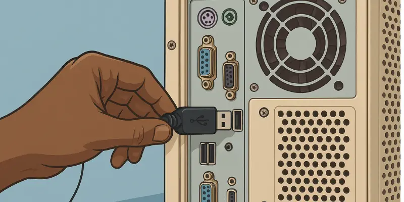 User Connecting A Logitech Webcam Usb Cable To A Computer Port For Installation.