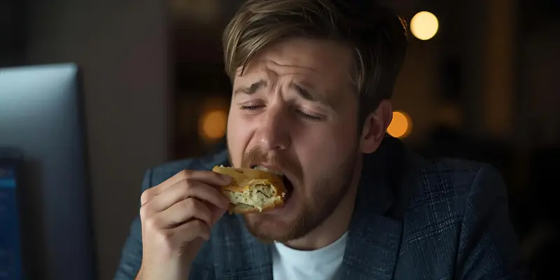 Tired Man Eating Food While Attending An Online Meeting, Symbolizing Distractions And Unprofessional Habits During Video Calls.