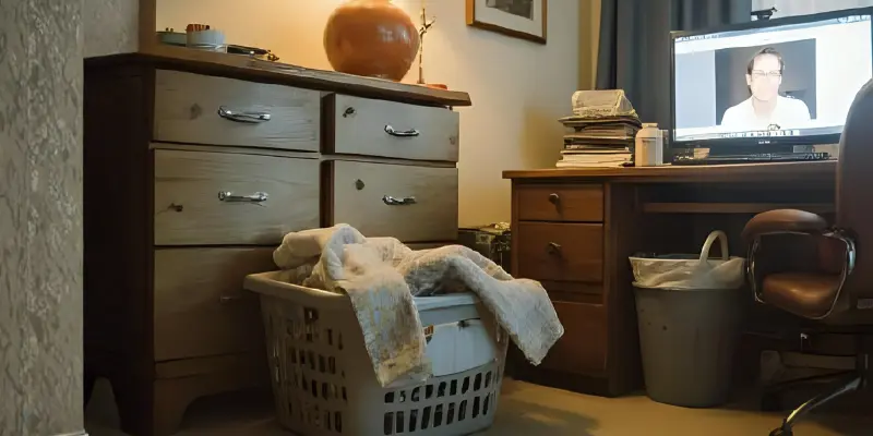 Messy Home Office With Laundry Basket And Cluttered Desk Visible During A Video Call, Showing An Unprofessional Background Setup For Meetings.