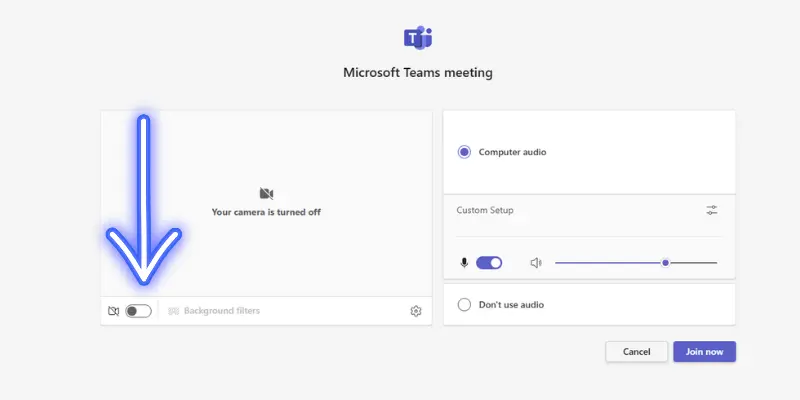 Microsoft Teams Meeting Setup Showing Camera Toggle Off With Background Filters Option And Audio Settings For Seamless Participation.