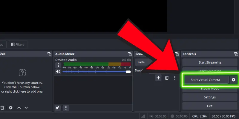 Obs Studio Interface Showing The 'Start Virtual Camera' Button Highlighted For Starting Virtual Camera In Video Streams.