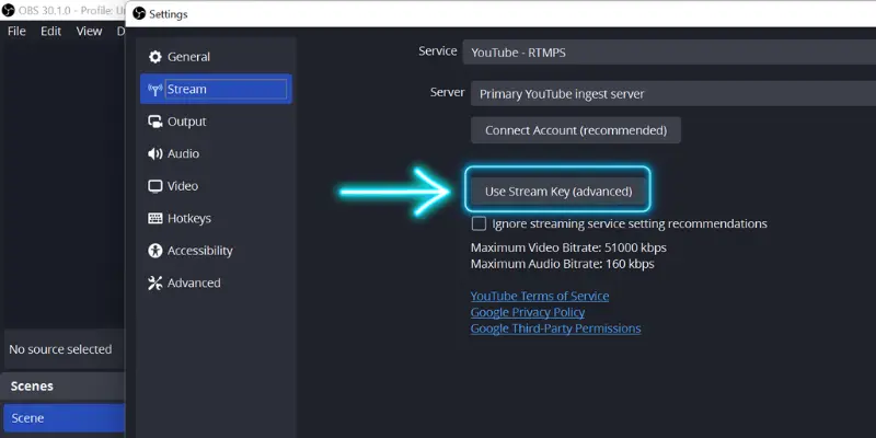 Obs Studio Stream Settings Showing 'Use Stream Key (Advanced)' Option For Youtube Rtmp Streaming, Including Maximum Video And Audio Bitrate Settings.