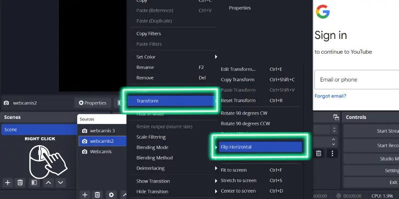 Obs Studio Menu Showing Right-Click Transform Options To Flip Horizontal For Webcam Source Adjustment.
