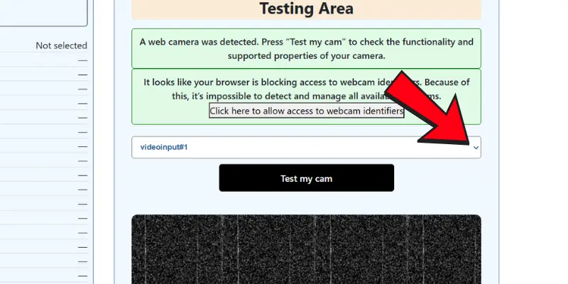 Red Arrow Pointing To A Dropdown Menu On A Webcam Testing Tool, Guiding Users To Allow Access To Webcam Identifiers.