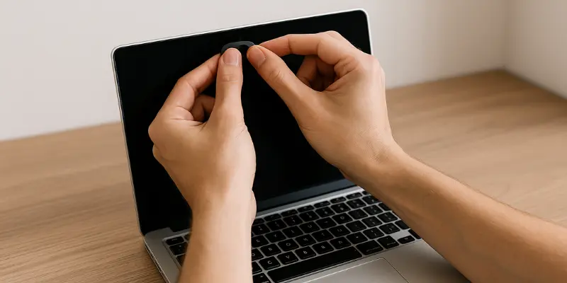 Person Placing A Webcam Cover On A Laptop For Privacy Protection.