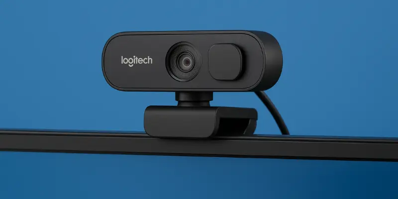 Logitech Webcam Positioned On Top Of A Computer Monitor For Video Calls, Streaming, And Online Meetings With Clear Video Quality.