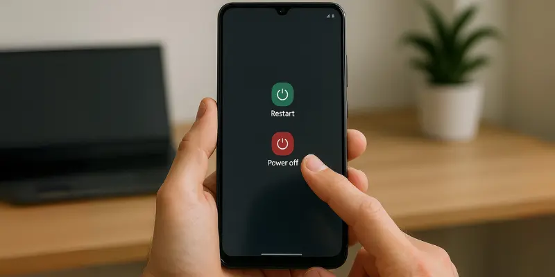 A Person Holds A Smartphone Showing Two Options On Screen—Restart And Power Off—Symbolizing A Common Fix For Phone Camera Issues.