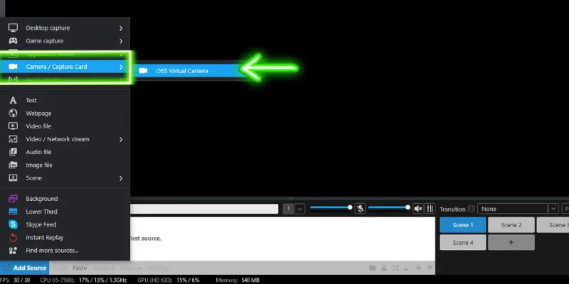 In Xsplit Broadcaster, Select “Camera / Capture Card” Then Choose “Obs Virtual Camera” To Connect Your Webcam Source For Streaming.