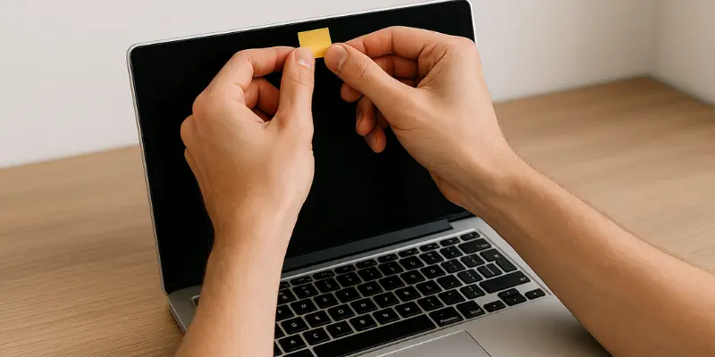 Person Applying A Yellow Sticky Note To A Laptop Webcam For Privacy Protection.