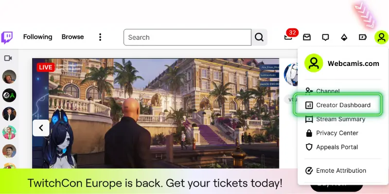 Twitch Creator Dashboard With Emote Attribution, Privacy Settings, And Twitchcon Europe Banner.
