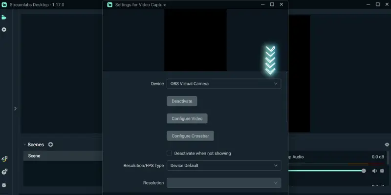 Streamlabs Video Capture Settings Window With Obs Virtual Camera And Resolution Options