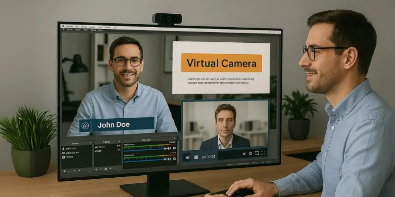 An Using Virtual Camera Software With Layered Video Sources And Presentation Slide Titled 'Virtual Camera' On The Screen.