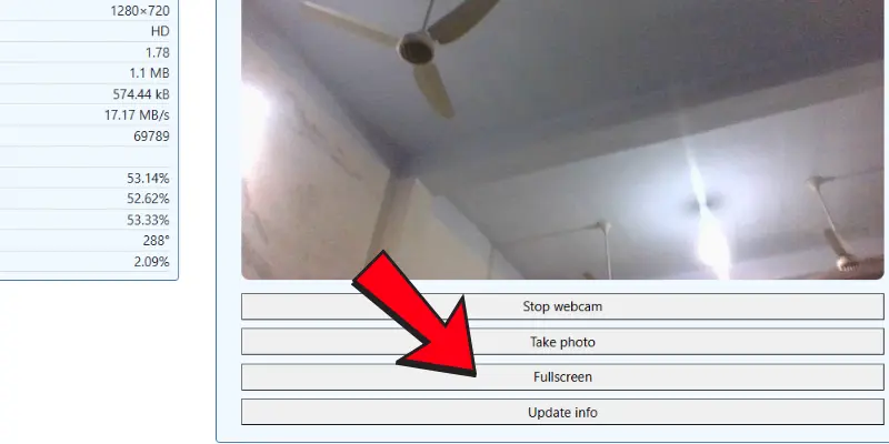 Webcam Test Tool With Options 'Stop Webcam,' 'Take Photo,' 'Fullscreen,' And 'Update Info,' With A Red Arrow Pointing To The 'Fullscreen' Button.