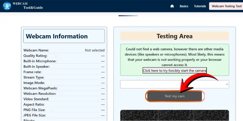 Webcam Test Tool Interface Showing Webcam Information Panel And Testing Area With Message “Could Not Find A Web Camera” And Test My Cam Button.