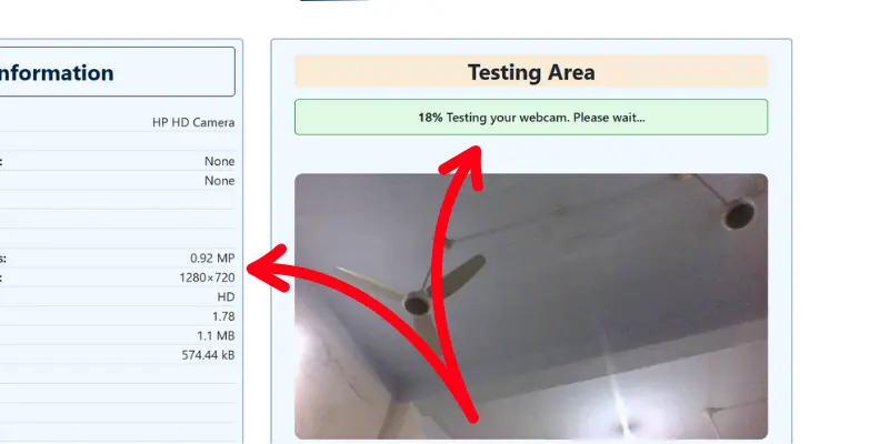 Webcam Testing Process At 18% Completion, Displaying The Ceiling With Fans While The System Processes The Webcam Functionality.