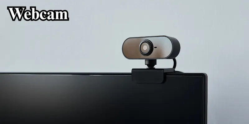 High-Definition Webcam Attached To The Top Of A Computer Monitor, Ideal For Video Calls And Streaming.