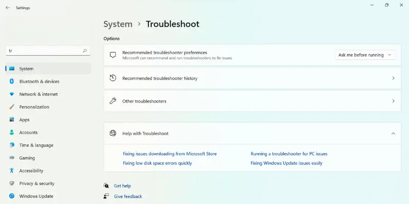 Windows 11 Troubleshoot Settings Showing Options For Fixing Pc Issues And Errors.