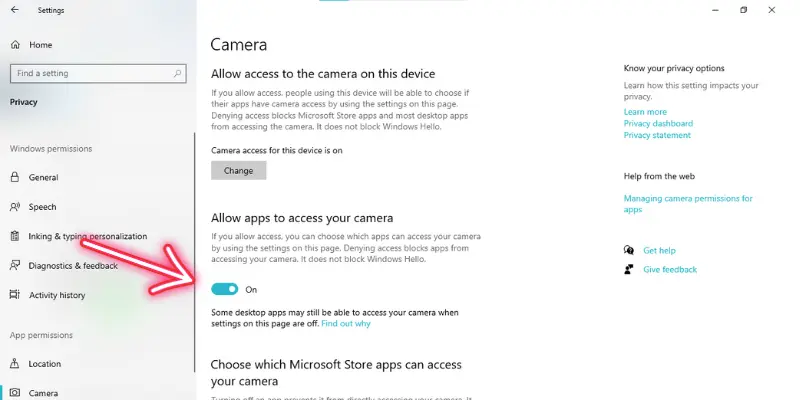 &Quot;Windows Privacy Settings Page Showing How To Enable Camera Access For Apps, With Toggle Option To Allow Camera Access.