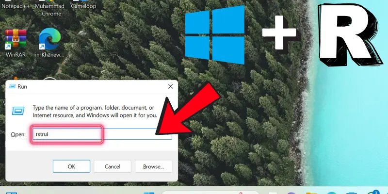 Windows Run Dialog Box With 'Rstrui' Typed, Demonstrating The Windows System Restore Process Using Windows + R.