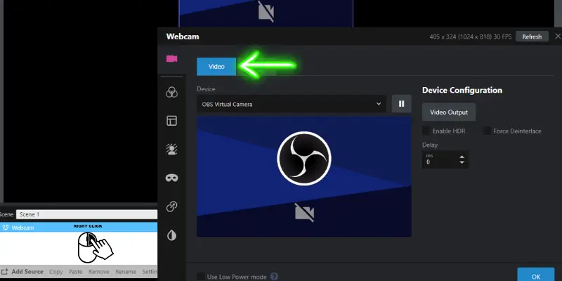 Webcam Setup In Xsplit Broadcaster With Obs Virtual Camera Option And Video Configuration Settings.