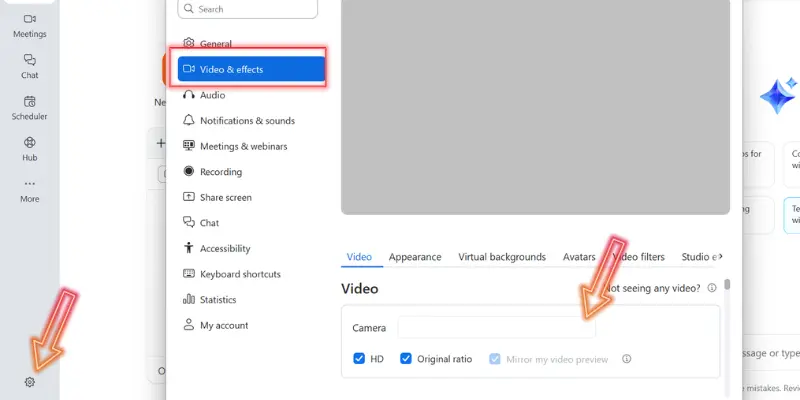 Zoom Video Settings Showing Video And Effects Tab And Camera Selection Option To Fix Webcam Not Working Or Camera Not Detected Issue.